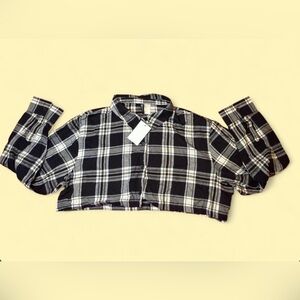 H&M Black & White Plaid Cropped Top Button-Up Shirt | Women's